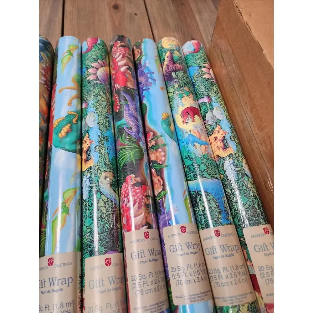 Vtg Lot 9 Dinosaur Roll Wrapping Paper American Greetings 20 Sq Ft Each